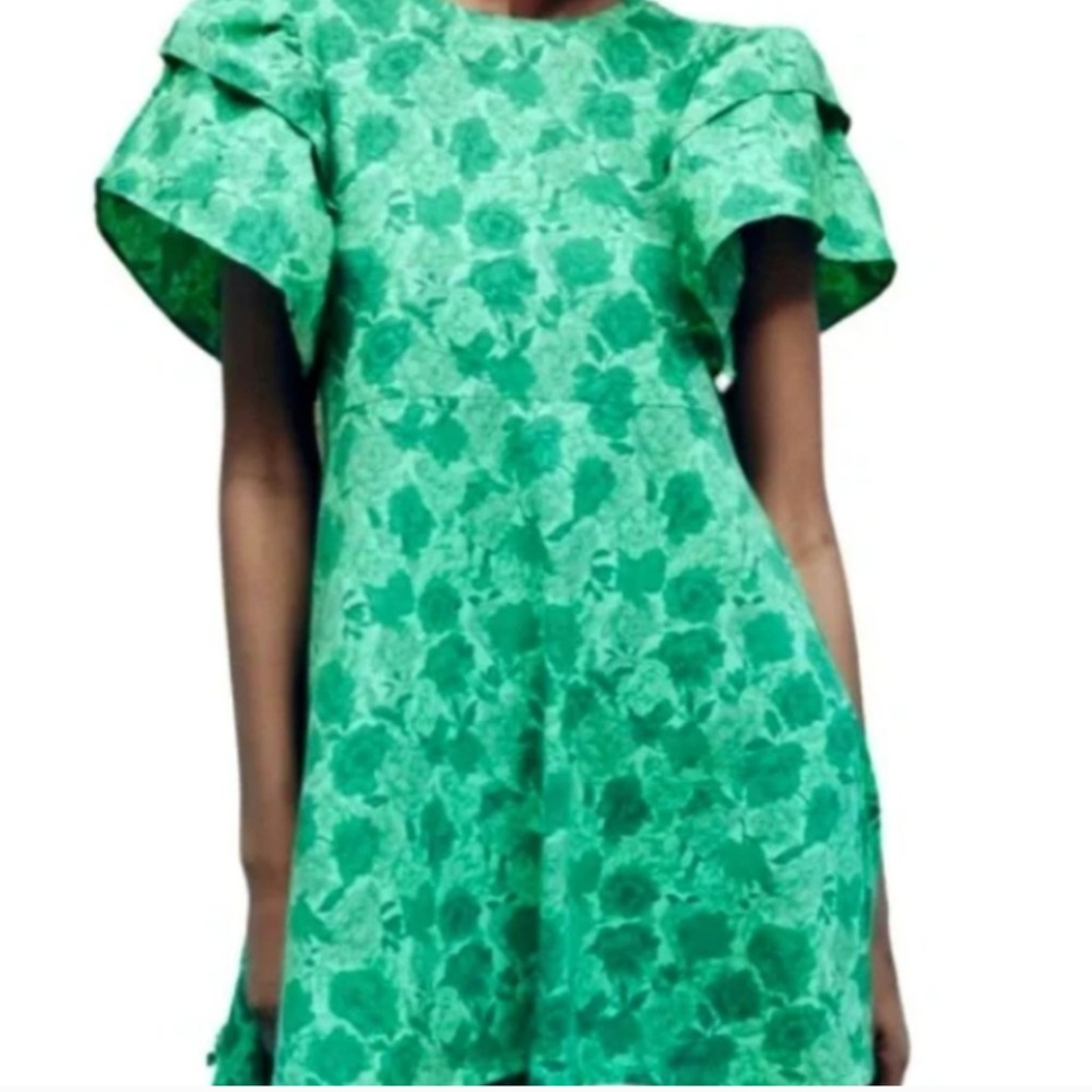 Zara Green Floral Large Puff Sleeve Dress Size L